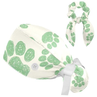 Dog Paw Pattern Scrub Caps Adjustable Working Cap Surgical Caps Nurse Hat with Bow Hair Scrunchy