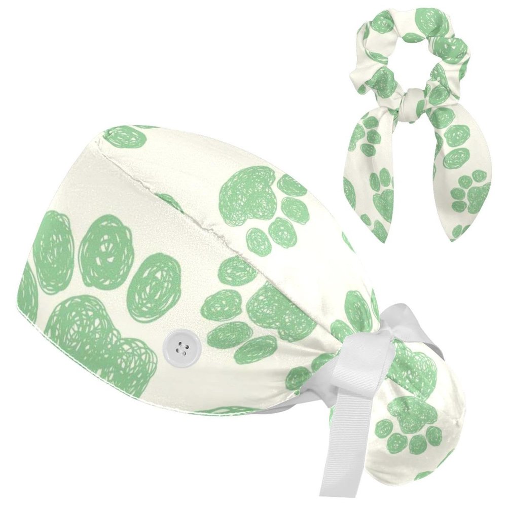 Dog Paw Pattern Scrub Caps Adjustable Working Cap Surgical Caps Nurse Hat with Bow Hair Scrunchy