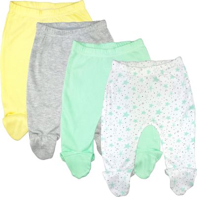123 Bear 100% Cotton Baby Pants with Footies 100% Cotton Unisex Boys Girls (3-6 Months, 4-Pack Lemon-Gray)