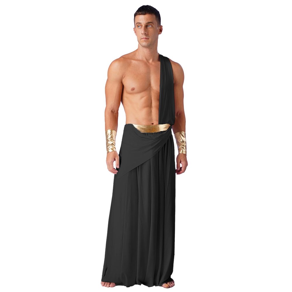 Oyolan Mens One Shoulder Ancient Greek God Toga Skirt Warrior Costume Halloween Cosplay Outfits Black Medium