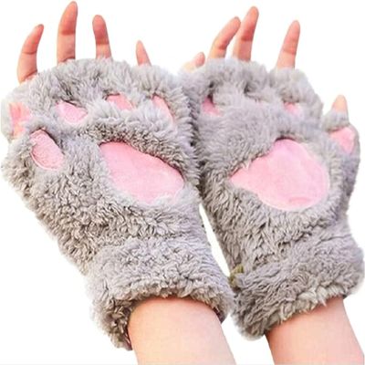 NEREIDS NET Cat Claw Bear Paw Fingerless Winter Plush Gloves Faux Fur Cute Kitten Fingerless Gloves Mittens for Women Girls Grey
