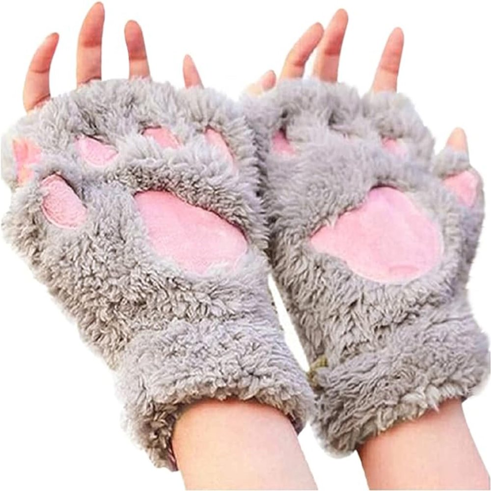 NEREIDS NET Cat Claw Bear Paw Fingerless Winter Plush Gloves Faux Fur Cute Kitten Fingerless Gloves Mittens for Women Girls Grey