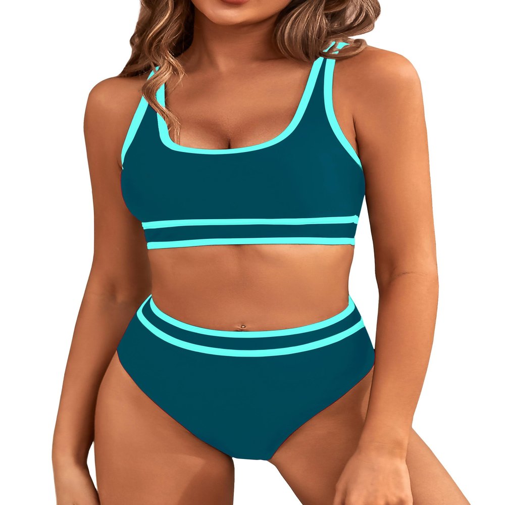 BMJL Women's High Waisted Bikinis Sets Sporty Two Piece Swimsuits Color Block Cheeky High Cut Bathing Suits(L,Dark Green Blue)