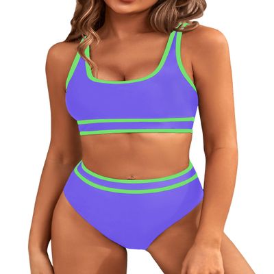 BMJL Women's High Waisted Bikini Sets Sporty Two Piece Swimsuits Color Block Cheeky High Cut Bathing Suits(XL,Light Purple)