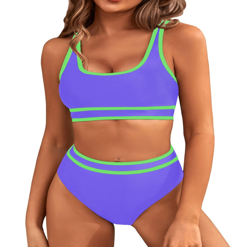 BMJL Women's High Waisted Bikini Sets Sporty Two Piece Swimsuits Color Block Cheeky High Cut Bathing Suits(XL,Light Purple)