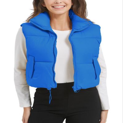 Flygo Puffer Vest Women Cropped Vest Zip Up Stand Collar Sleeveless Lightweight Winter Down Vests Jacket(Blue-XXL)