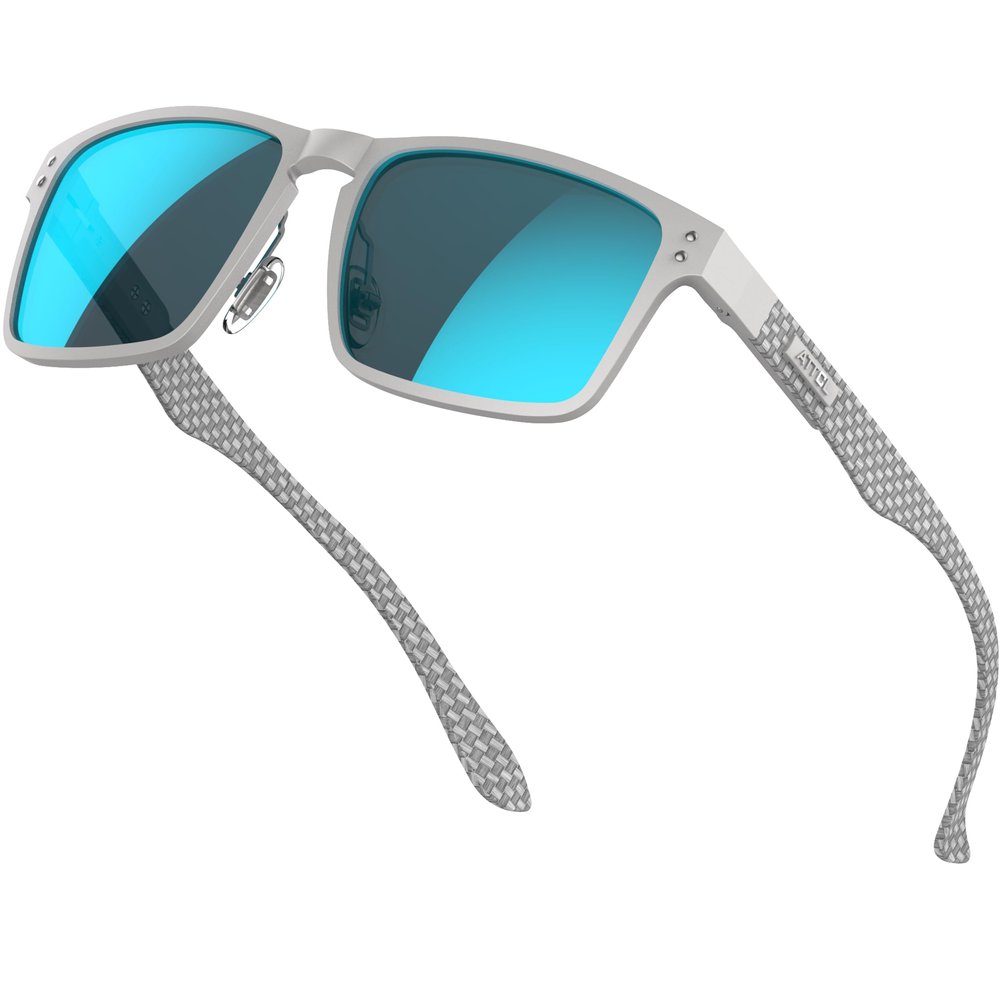 ATTCL Luxury Polarized Sunglasses Men Driving: Lightweight Rectangular Metal Frame Premium Fiber Temples UV Protection Travel Daily Wear 8999 Silver blue