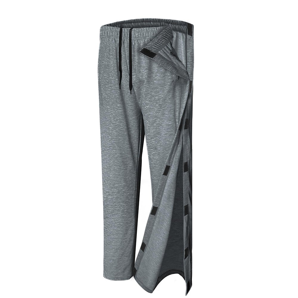Unisex Tear Away Pants 2 Side Snaps Post Surgery Breakaway Pant Full Open Down Cotton Rip Off Sweatpants for Hip Replacement Grey 2XL