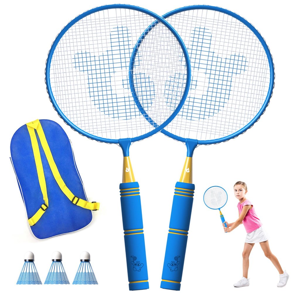 JOY SPOT! Kids Badminton Rackets Set with Soft Grip, Oversize & Lightweight Shuttlecocks Racquet with Carry Bag for Children Youth, 2 Player Sport Game for Indoor Outdoor Backyard