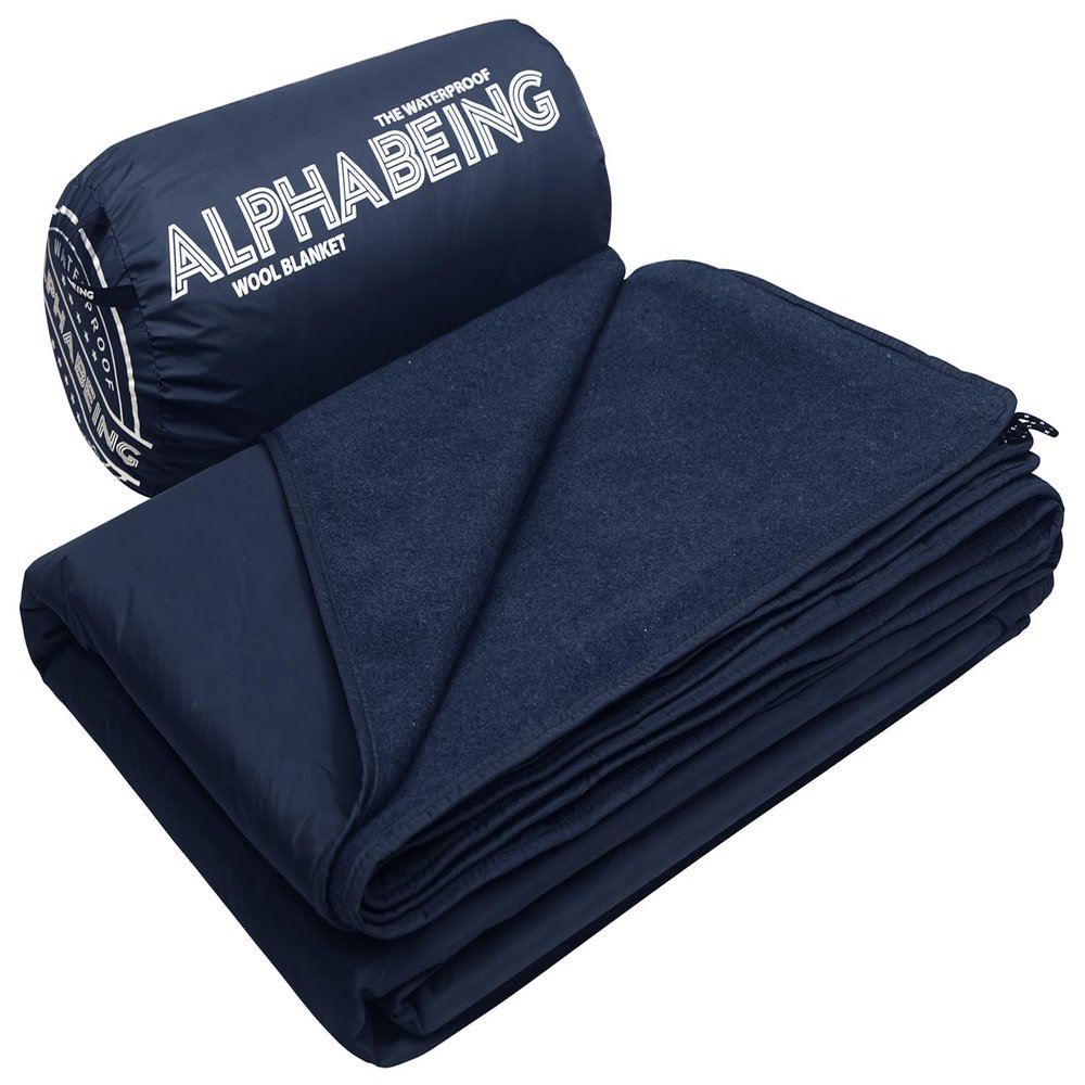 AlphaBeing Waterproof Outdoor Blanket with Merino Wool, Extra Thick Warm, Windproof, Packable Stadium Blankets for Cold Weather, Camping Gift, Pet, Car, Picnic, Concerts, 79" x 59", Navy