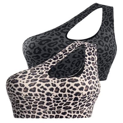 Sykooria Womens One Shoulder Sports Bras Workout Yoga Bra Medium Support Asymmetrical Bra Black Leopard Print Khaki