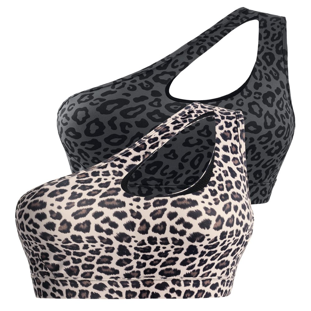 Sykooria Womens One Shoulder Sports Bras Workout Yoga Bra Medium Support Asymmetrical Bra Black Leopard Print Khaki