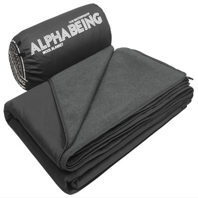 AlphaBeing Waterproof Outdoor Blanket with Merino Wool, Extra Thick Warm, Windproof, Packable Stadium Blankets for Cold Weather, Camping Gift, Pet, Car, Picnic, Concerts, 79" x 59", Black/Gray