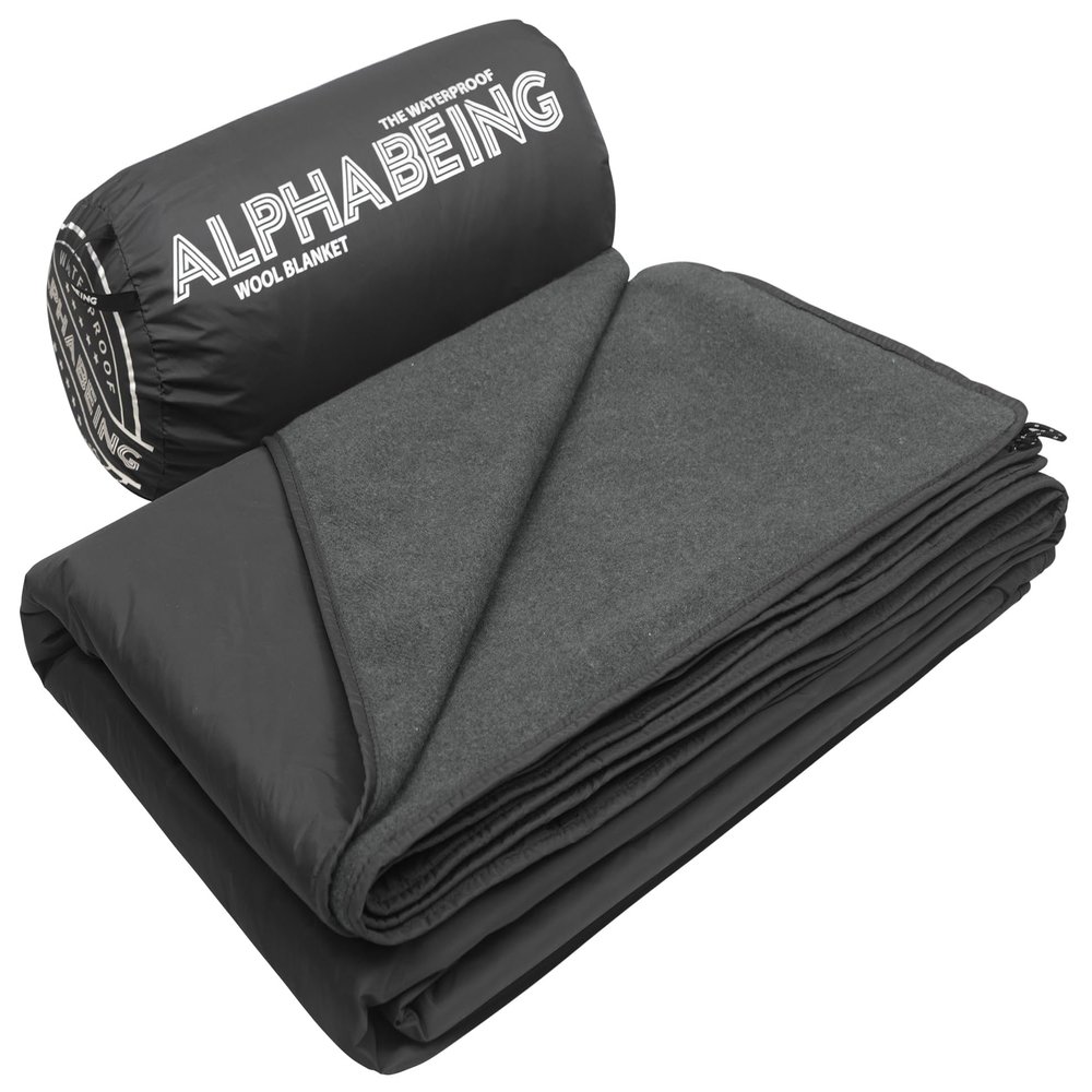 AlphaBeing Waterproof Outdoor Blanket with Merino Wool, Extra Thick Warm, Windproof, Packable Stadium Blankets for Cold Weather, Camping Gift, Pet, Car, Picnic, Concerts, 79" x 59", Black/Gray
