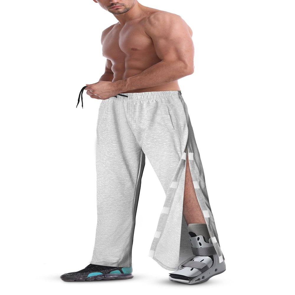 Men's Tearaway Pants for Post Surgery 2 Side Snap Breakaway Open Bottom Sweatpants Women Loose Fit Rip Off Post Surgery Cotton Pants Light Grey XS