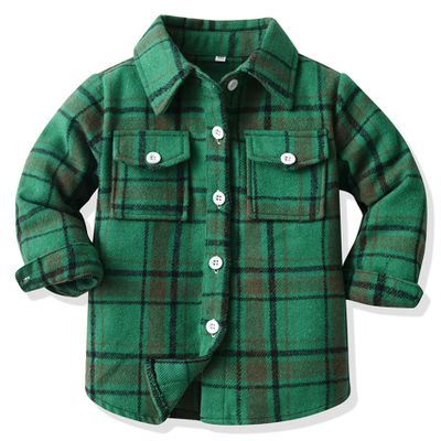 ALLureLove Toddler Boys' Girls' Flannel Plaid Shirt Button Down Long Sleeve Jacket Lapel Shacket Coat Tops Casual Outwear(Z-Green,7T)