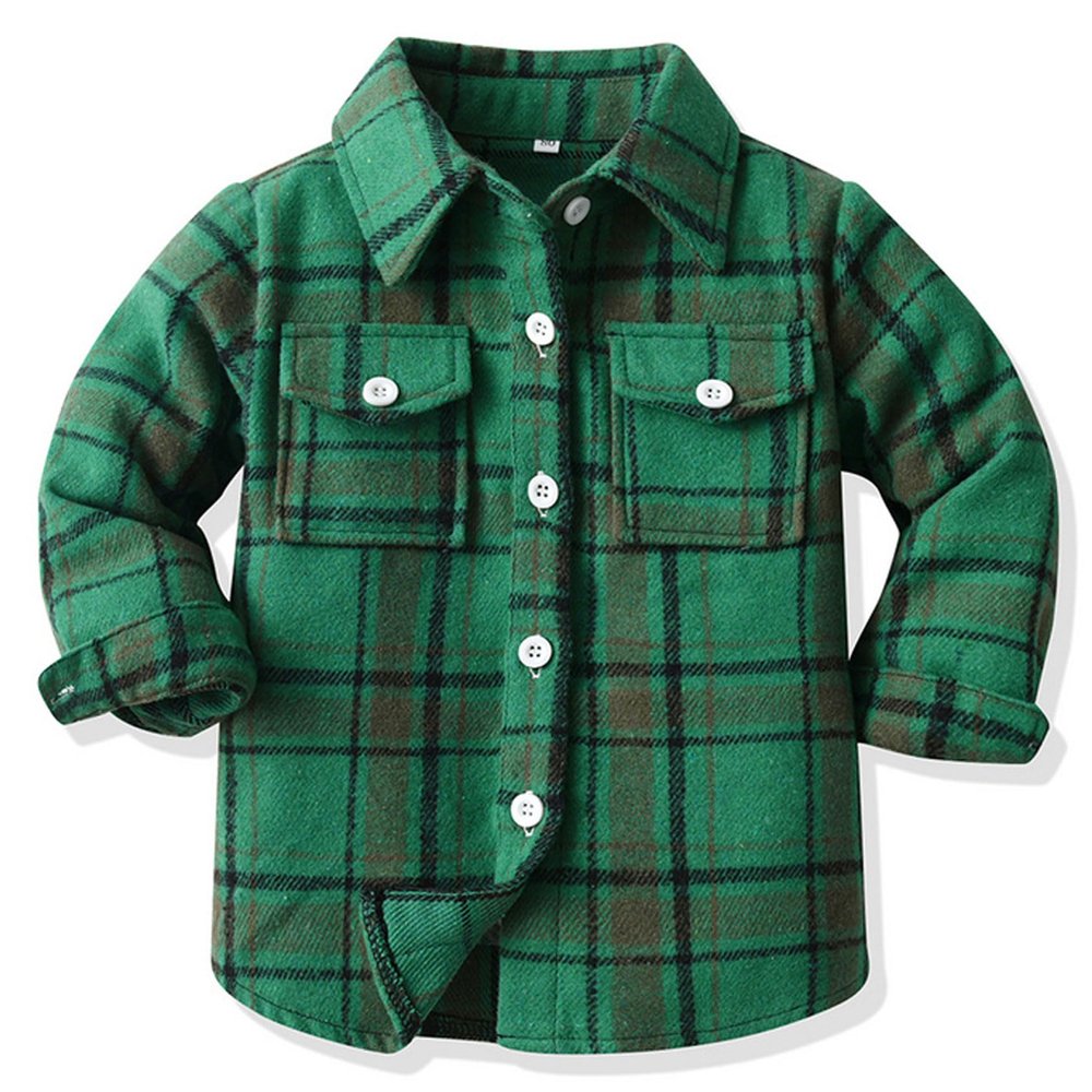ALLureLove Toddler Boys' Girls' Flannel Plaid Shirt Button Down Long Sleeve Jacket Lapel Shacket Coat Tops Casual Outwear(Z-Green,7T)