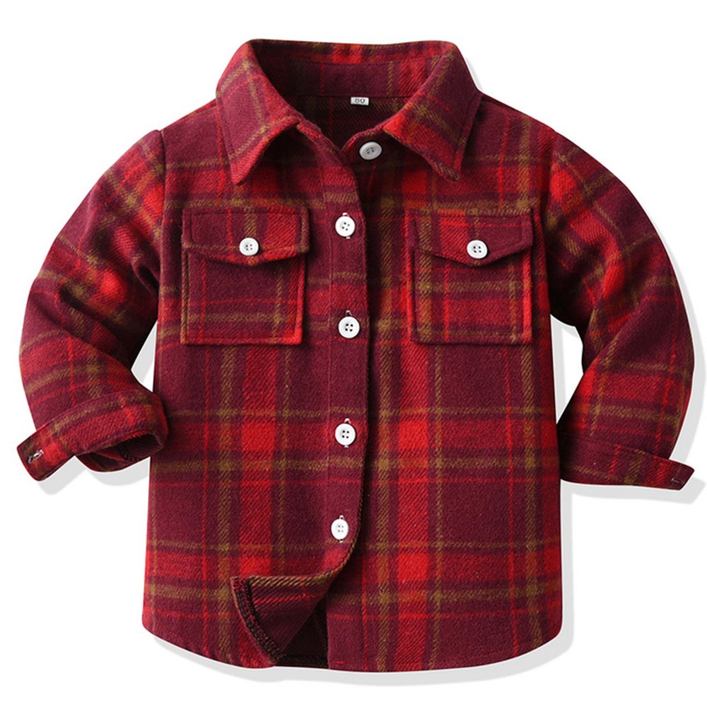 ALLureLove Toddler Boys' Girls' Flannel Plaid Shirt Button Down Long Sleeve Jacket Lapel Shacket Coat Tops Casual Outwear(Z-Red,8T)