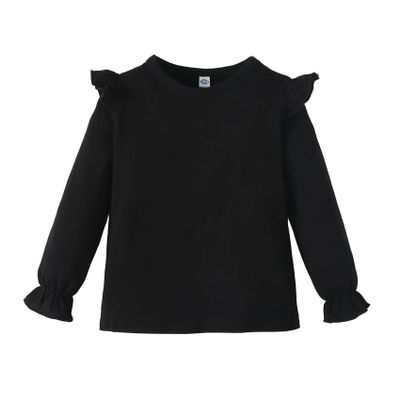 Magic Park 12M-14Y Toddler Girl Long Sleeve Blouse Kids Solid Color Tee Little Girls Ruffle Cuffs T-Shirts Winter Casual Tops (Long Black Tee, 3-4 Years)