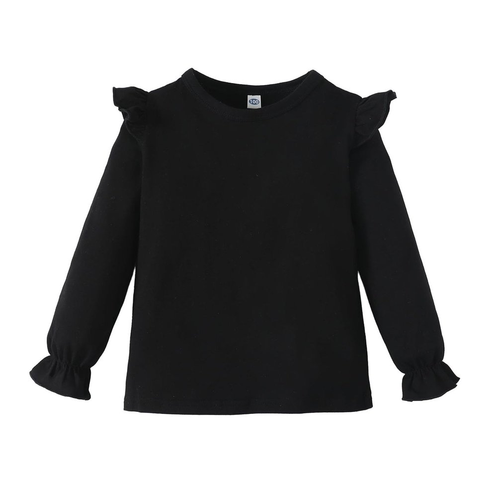 Magic Park 12M-14Y Toddler Girl Long Sleeve Blouse Kids Solid Color Tee Little Girls Ruffle Cuffs T-Shirts Winter Casual Tops (Long Black Tee, 3-4 Years)