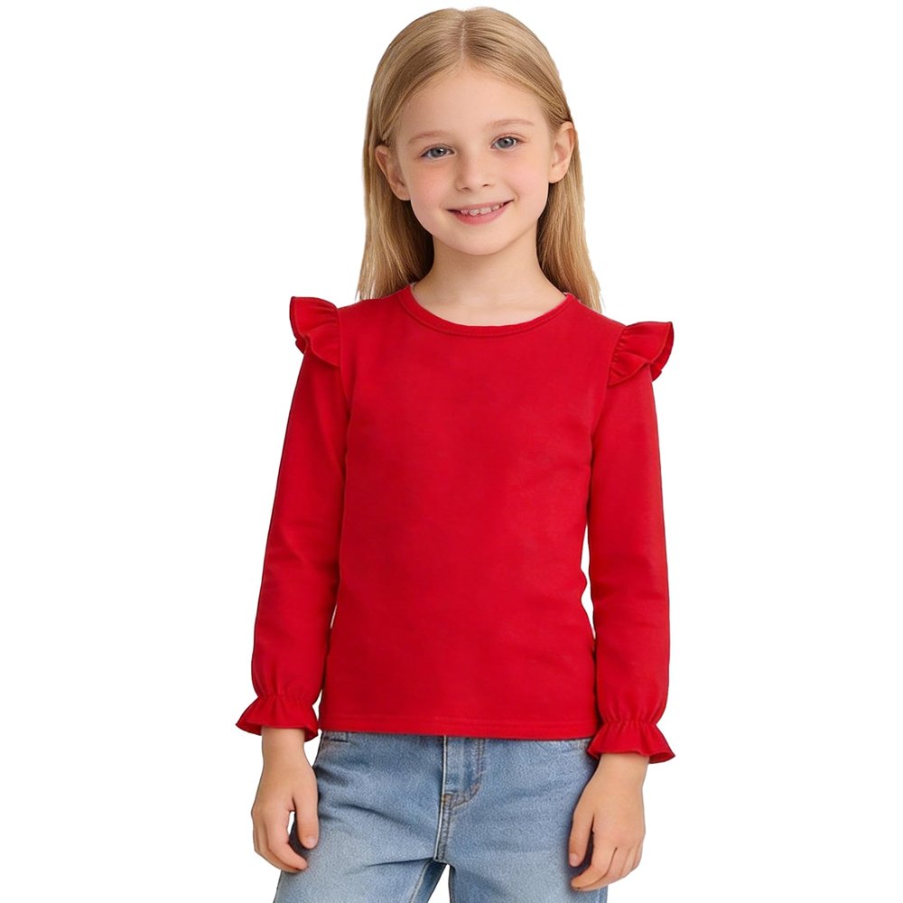 Magic Park 12M-14Y Toddler Girl Long Sleeve Blouse Kids Solid Color Tee Little Girls Ruffle Cuffs T-Shirts Winter Casual Tops (Long Red Tee, 3-4 Years)