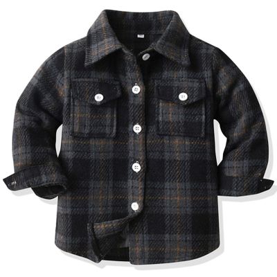 ALLureLove Toddler Boys' Girls' Flannel Plaid Shirt Button Down Long Sleeve Jacket Lapel Shacket Coat Tops Casual Outwear(Z-Black,3T)