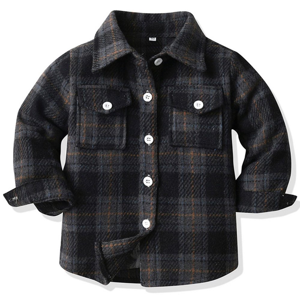 ALLureLove Toddler Boys' Girls' Flannel Plaid Shirt Button Down Long Sleeve Jacket Lapel Shacket Coat Tops Casual Outwear(Z-Black,3T)