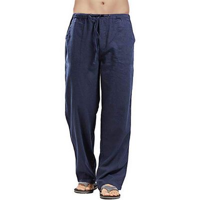 Linen Pants Men Big Tall Casual Cotton Yoga Pants with Pockets Drawstring Elastic Waist Straight-Leg Lightweight Trousers Mens Sweatpants Joggers(B1-Dark Blue,4X-Large)