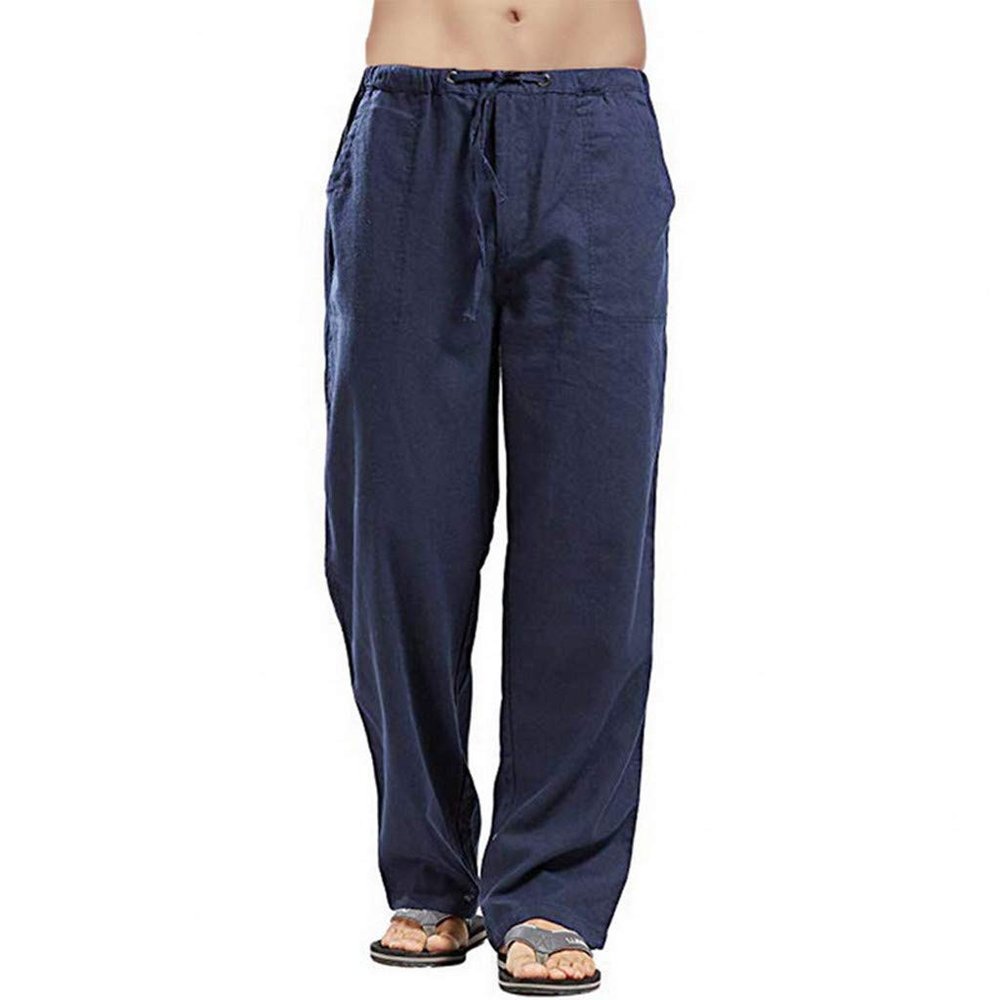 Linen Pants Men Big Tall Casual Cotton Yoga Pants with Pockets Drawstring Elastic Waist Straight-Leg Lightweight Trousers Mens Sweatpants Joggers(B1-Dark Blue,4X-Large)