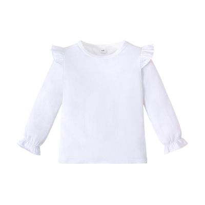 Magic Park 12M-14Y Toddler Girl Long Sleeve Blouse Kids Solid Color Tee Little Girls Ruffle Cuffs T-Shirts Winter Casual Tops (Long White Tee, 3-4 Years)