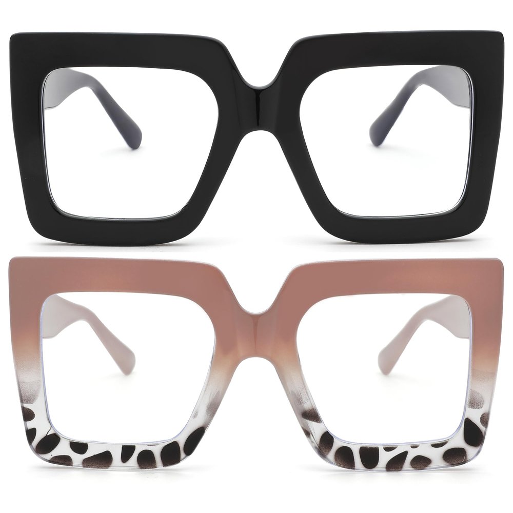 gentlemaker Oversized Blue Light Glasses for Women - Fashion Square Big Frame Non-Prescription Clear Eyewear(Black+Brown Leopard)