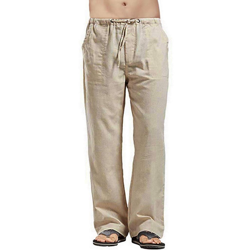 Linen Pants Men Big Tall Casual Cotton Yoga Pants with Pockets Drawstring Elastic Waist Straight-Leg Lightweight Trousers Mens Sweatpants with Pockets(B1-Khaki,5X-Large)