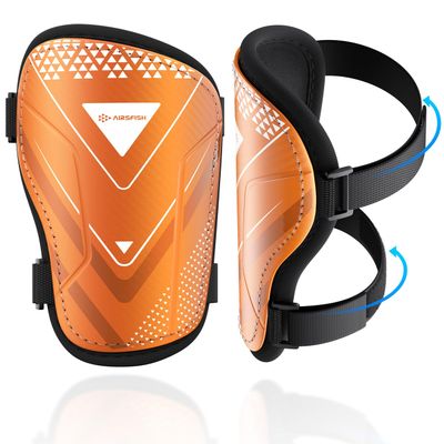 Shin Guards Soccer Kids Youth, CE Certified Airsfish Shin Guard Protection Gear for 2-18 Years Old Boys Girls Teenagers High Impact Resistant Breathable Comfortable 1 Pair 4 Sizes (Small, Orange)