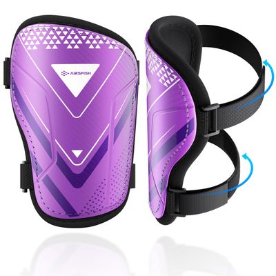 Shin Guards Soccer Kids Youth, CE Certified Airsfish Shin Guard Protection Gear for 2-18 Years Old Boys Girls Teenagers High Impact Resistant Breathable Comfortable 1 Pair 4 Sizes (Small, Purple)