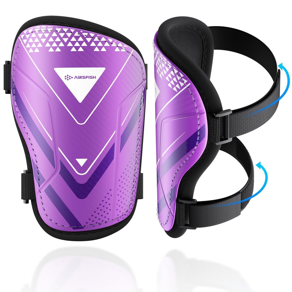 Shin Guards Soccer Kids Youth, CE Certified Airsfish Shin Guard Protection Gear for 2-18 Years Old Boys Girls Teenagers High Impact Resistant Breathable Comfortable 1 Pair 4 Sizes (Small, Purple)