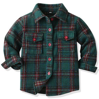 ALLureLove Toddler Boys' Girls' Flannel Plaid Shirt Button Down Long Sleeve Jacket Lapel Shacket Coat Tops Outwear(Z-Deep Green,18month)