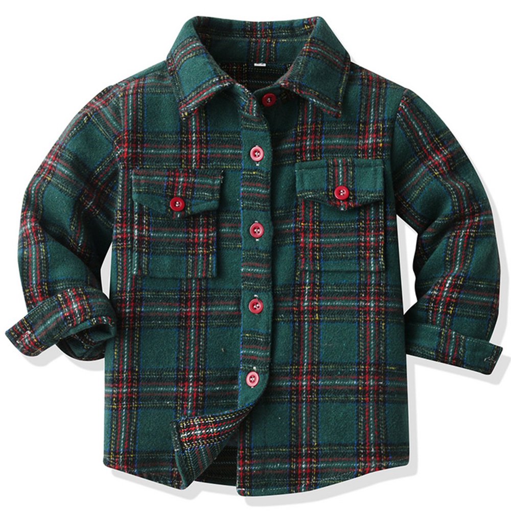 ALLureLove Toddler Boys' Girls' Flannel Plaid Shirt Button Down Long Sleeve Jacket Lapel Shacket Coat Tops Outwear(Z-Deep Green,18month)