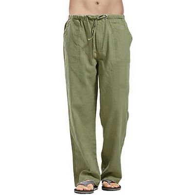 Linen Pants Men Big Tall Casual Cotton Yoga Pants with Pockets Drawstring Elastic Waist Straight-Leg Lightweight Trousers Mens Sweatpants with Pockets(B1-Army Green,Large)