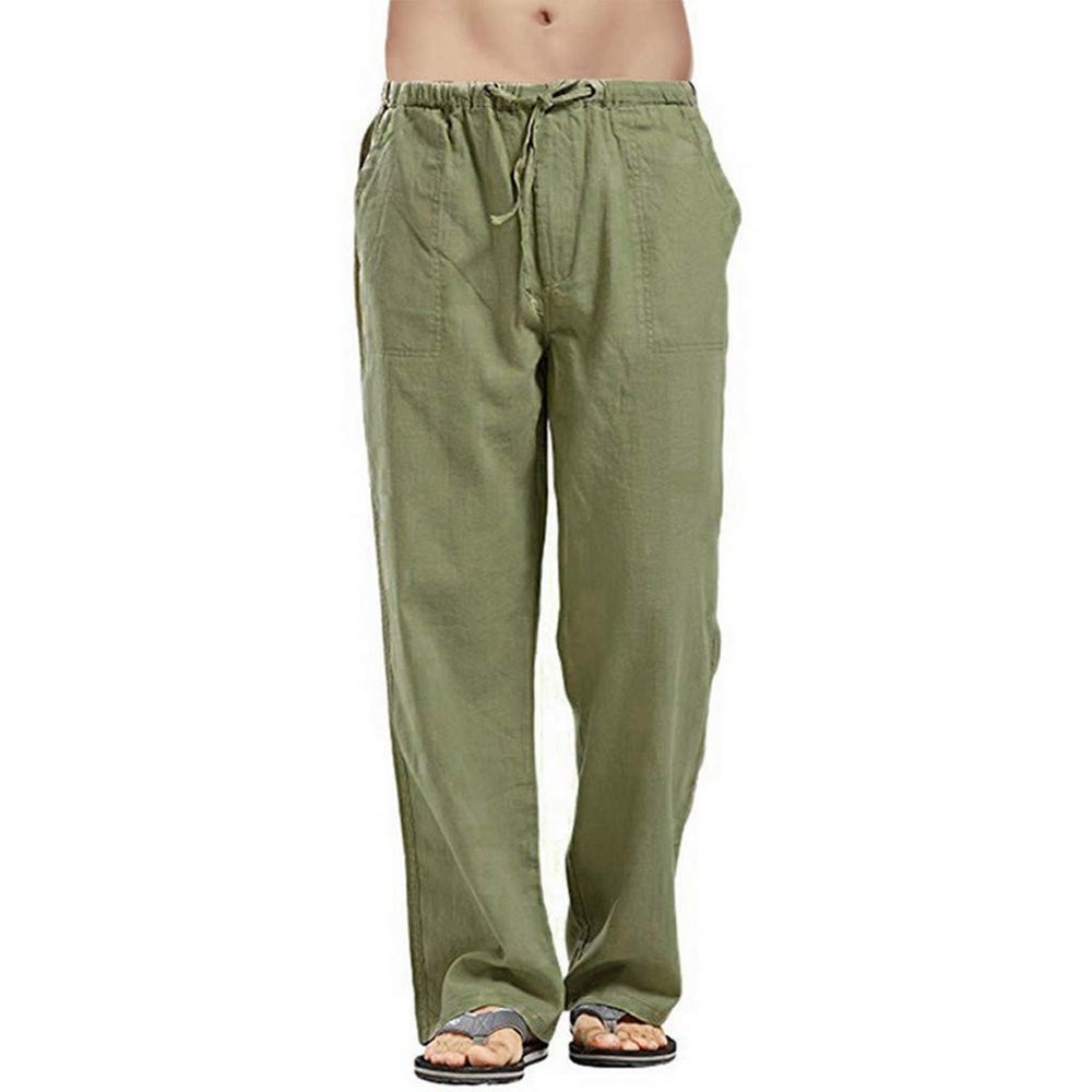 Linen Pants Men Big Tall Casual Cotton Yoga Pants with Pockets Drawstring Elastic Waist Straight-Leg Lightweight Trousers Mens Sweatpants with Pockets(B1-Army Green,Large)