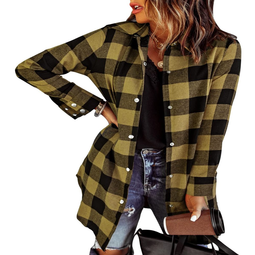 EVALESS Fall Outfits for Women Clothing Plaid Long Sleeve Jackets V Neck Long Sleeve Shacket Jacket Button Down Flannel Shirts Loose Cardigans Coats Yellow X-Large
