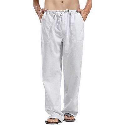 Linen Pants Men Big Tall Casual Cotton Yoga Pants with Pockets Drawstring Elastic Waist Straight-Leg Lightweight Trousers Mens Pants Athletic Fit Chino Pants(B1-White,Large)