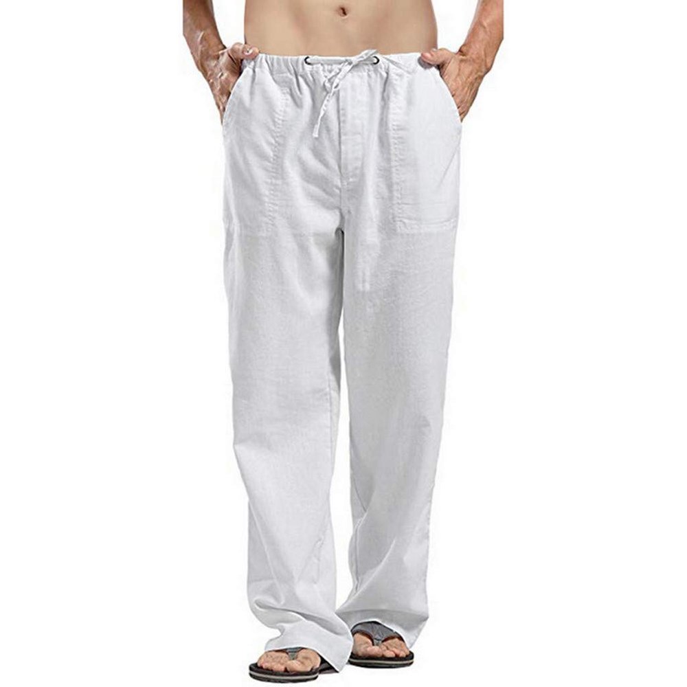 Linen Pants Men Big Tall Casual Cotton Yoga Pants with Pockets Drawstring Elastic Waist Straight-Leg Lightweight Trousers Mens Pants Athletic Fit Chino Pants(B1-White,Large)