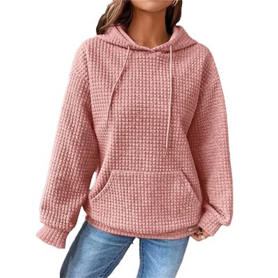 Womens Crew Neck Waffle Pullover Hoodies Casual Long Sleeve Drawstring Pullover Top Hooded Sweatshirt with Pocket (Pink,Small)