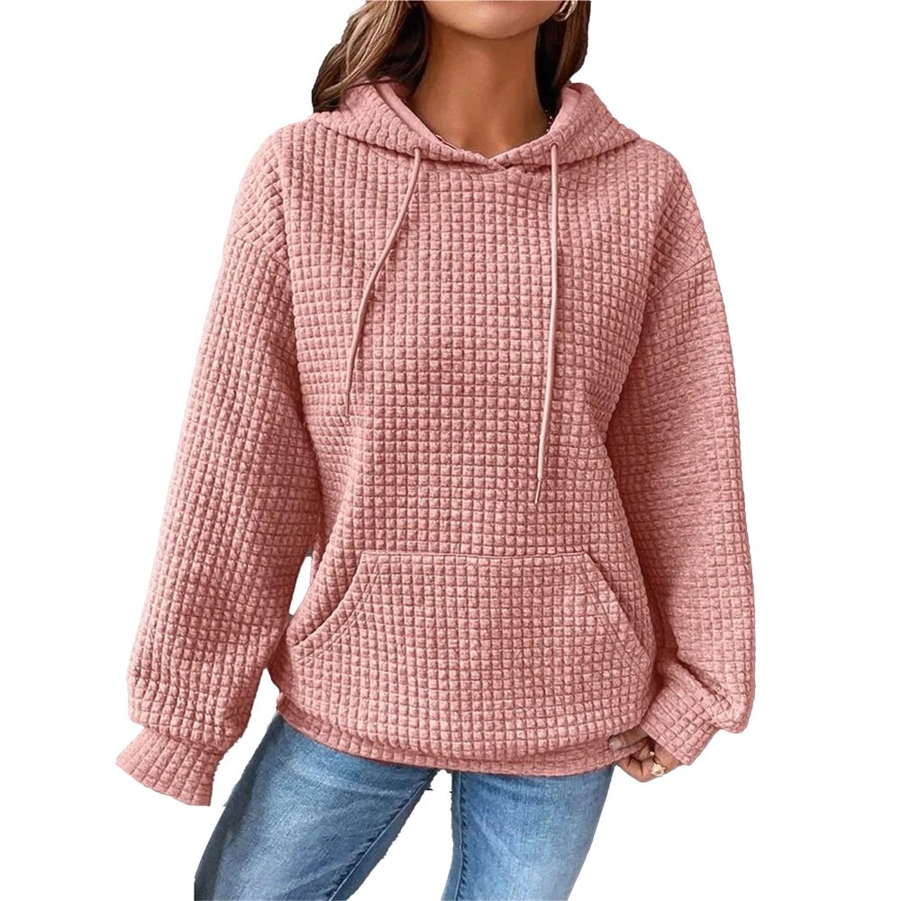 Womens Crew Neck Waffle Pullover Hoodies Casual Long Sleeve Drawstring Pullover Top Hooded Sweatshirt with Pocket (Pink,Small)