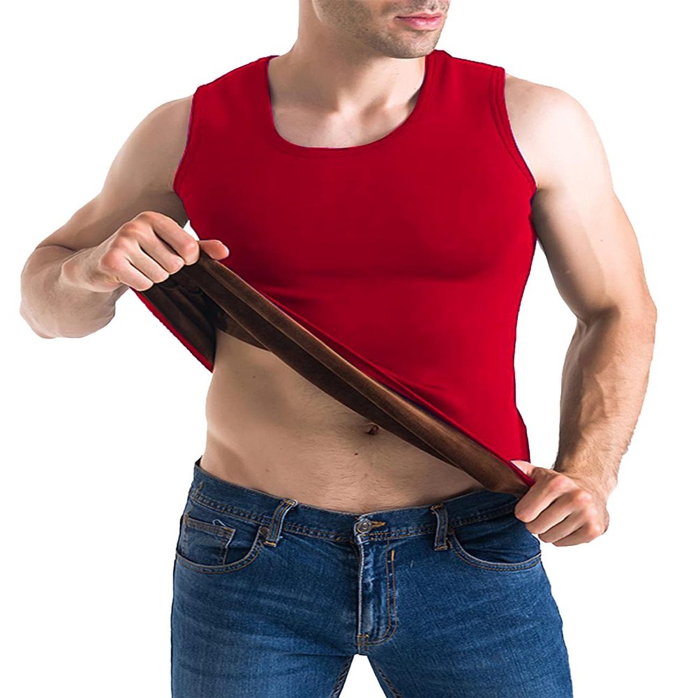 Flygo Mens Cotton Winter Warm Thermal Tank Top Fleece Lined Underwear Sleeveless Vest(Red-M)