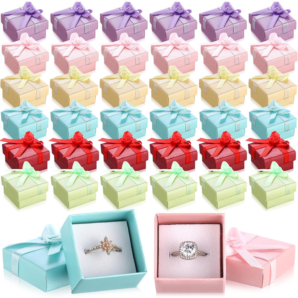 Bucherry 72 Pcs Ring Boxes 1.6 x 1.6 In Hard Cardboard Jewelry Box with Ribbon Bow Small Jewelry Gift Cases for Small Business(Vivid Color)