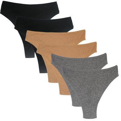 Amwounu High Waisted Thongs For Women Soft Underwear High Rise Black Nude Grey Cotton Panties Size S Pack of 6