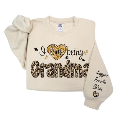 GODMERCH I Love Being Grandma Sweatshirt, Personalized Nickname Grandma with Grandkids on Sleeve Shirt, Custom Mothers Day Grandmother Gifts