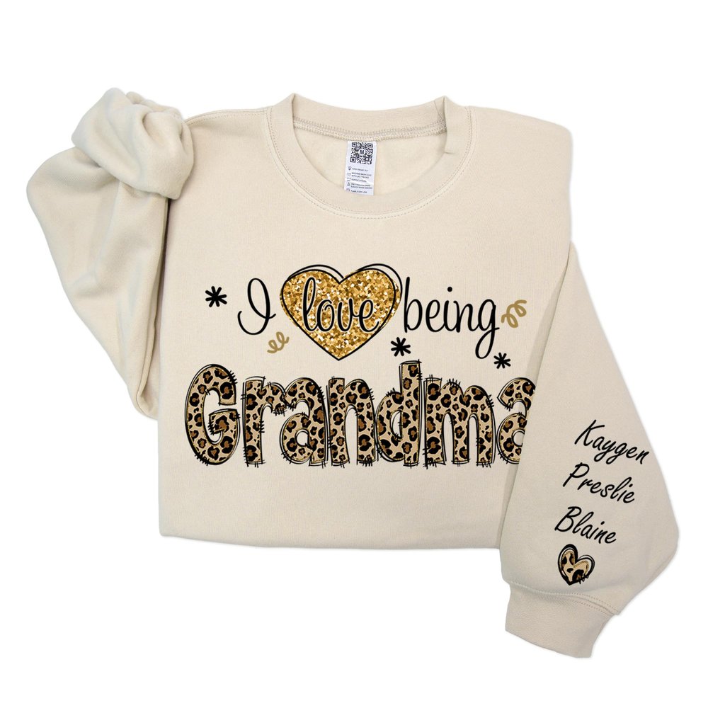 GODMERCH I Love Being Grandma Sweatshirt, Personalized Nickname Grandma with Grandkids on Sleeve Shirt, Custom Mothers Day Grandmother Gifts
