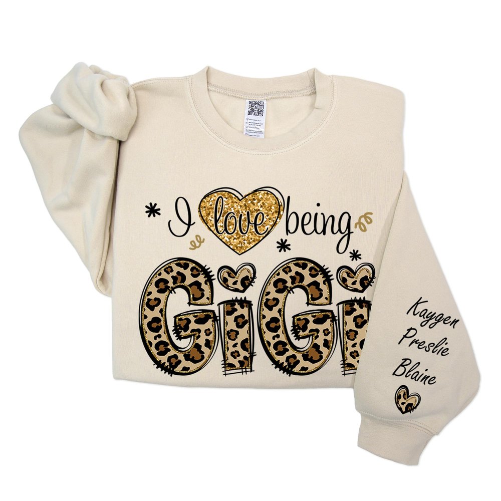 GODMERCH I Love Being Gigi Sweatshirt, Personalized Nickname Grandma with Kid Names on Sleeve Shirt, Custom Mothers Day Gigi Gifts for Grandma